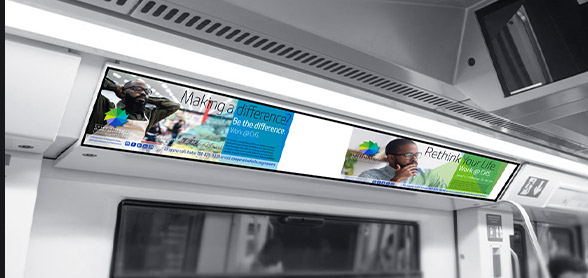 Stretched LCDs are displaying route information and advertising on subways