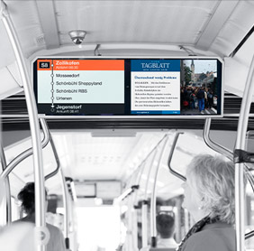 The bar LCD display on the bus uses a split screen display, one part shows the route information, and the other part shows the consultation information.