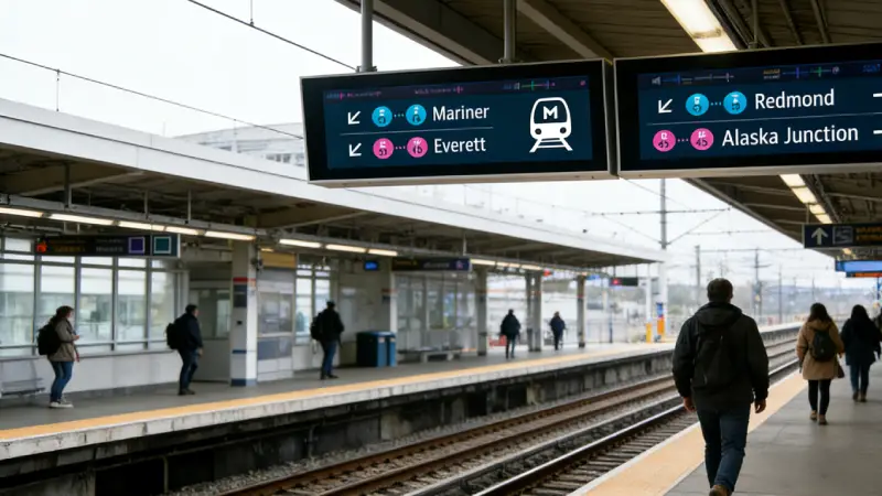 Double-sided stretched LCD displays guide passengers on the platform.